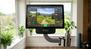 Close-up illustration of an elliptical machine large display screen showing live workout metrics, heart rate tracking, and virtual scenery.