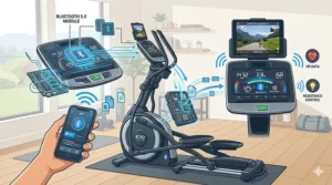Close-up of an elliptical trainer LCD console showing Bluetooth 5.0 connectivity icon and workout stats.