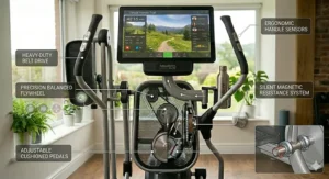 Vector graphic illustrating the proper biomechanics and low-impact stride on an ergonomic elliptical trainer with a large display.