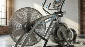 Detailed view of the dual-action handlebars connected to the fan resistance system for simultaneous arm and leg training.