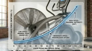A technical graph showing how resistance increases exponentially as the user pedals faster on an air-powered elliptical.