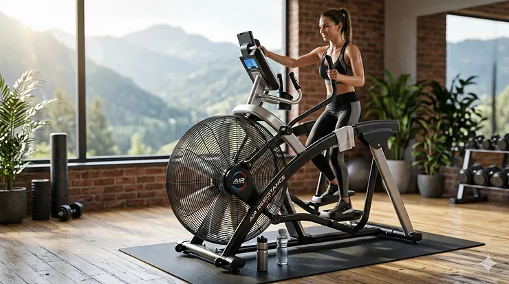 A high-resolution view of a fan resistance elliptical machine featuring a large steel flywheel for air-powered resistance.