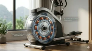 Graphic highlighting the frictionless design of ECB resistance which reduces wear and tear on elliptical components.