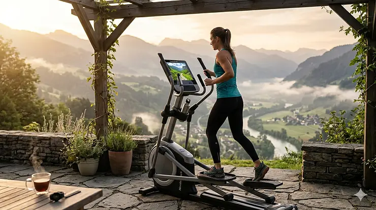 A runner using a modern home elliptical machine equipped with a built-in high definition screen displaying a scenic virtual trail high definition screen elliptical