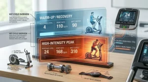Infographic illustrating a HIIT workout routine utilizing the full range of a 24 resistance level elliptical.
