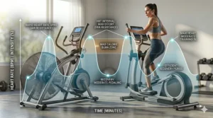 A graphic showing a heart rate intensity curve for a HIIT session performed on a fan resistance elliptical machine.