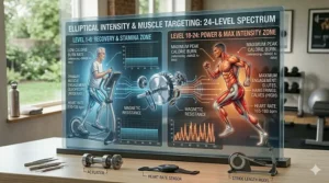 A compact 24 resistance level elliptical positioned in a modern home gym setup.