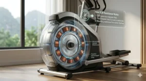 Technical diagram showing the interaction between powerful magnets and a flywheel in an ECB resistance elliptical.