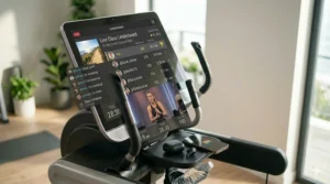 Illustration of a fitness leaderboard on an internet connected elliptical display, showing avatars of global users competing in a live challenge.