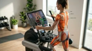 An anatomical illustration highlighting the upper and lower body muscles targeted during a workout on a smart internet connected elliptical.