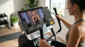 Illustration of an internet connected elliptical trainer console showing live streaming fitness classes and real-time user performance metrics.