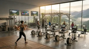 An interactive fitness coach leading a studio class broadcast directly onto a high definition screen elliptical trainer