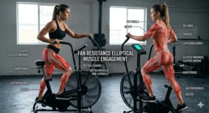 Diagram highlighting the upper and lower body muscles engaged when using a fan resistance elliptical machine with moving handlebars.