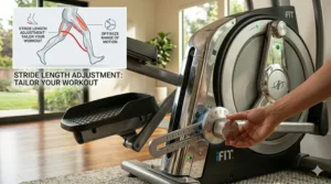 A visual guide explaining how to change the adjustable stride length settings on a NordicTrack iFit elliptical pedal mechanism.