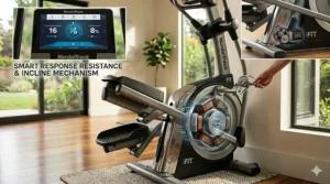 A diagram illustrating the automatic trainer control feature on a NordicTrack iFit elliptical adjusting incline and magnetic resistance levels.