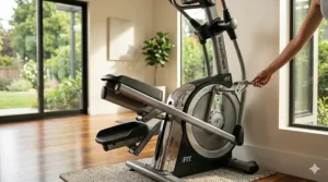 An illustration showing how a NordicTrack iFit elliptical folds vertically for compact storage in a small apartment.