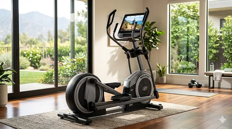 A full front view of a NordicTrack iFit elliptical trainer showcasing the large high-definition touchscreen display in a bright home gym.