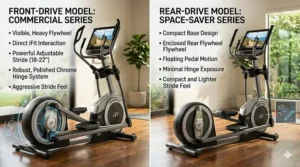 A comparison diagram showing the frame differences between a front-drive and rear-drive NordicTrack iFit elliptical model.