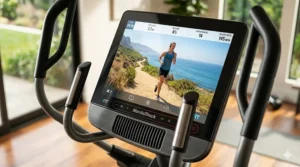 Close-up of the HD touchscreen console on a NordicTrack iFit elliptical displaying a trainer-led virtual running trail workout.