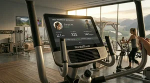 Side profile of a premium cross trainer highlighting the sturdy magnetic flywheel mechanism and the adjustable high definition screen console