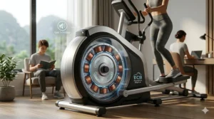 Illustration of a quiet ECB resistance elliptical being used in a home setting without disturbing others.