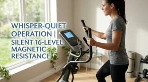 A person exercising on an elliptical in a living room, highlighting the quiet 16-level magnetic system.