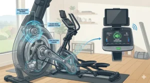 Technical cutaway of the silent drive linkage and high-precision bearings of a Bluetooth 5.0 elliptical.