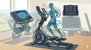Internal illustration of the silent magnetic resistance system found in high-end Bluetooth 5.0 elliptical trainers.