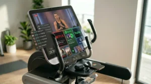 A colorful illustration of an internet connected elliptical machine screen displaying popular video streaming and music apps for workout entertainment.