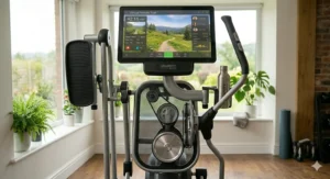 An interactive smart large display elliptical machine syncing data with a fitness smartwatch and mobile app.