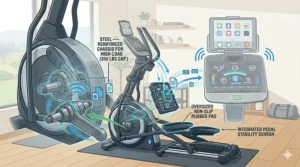 Detailed view of the steel-reinforced chassis and non-slip rubber pedals with integrated stability sensors.