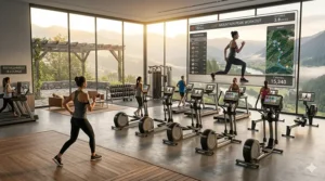 A smart home elliptical with a high definition display running popular media streaming applications for workout entertainment