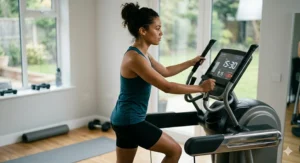 An athlete tracking her progress on a 7 inch display elliptical machine during a high-intensity cardio workout.