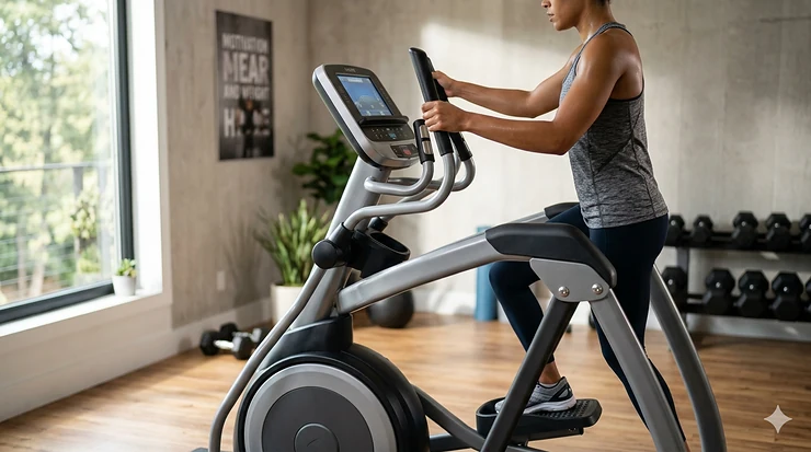 A modern 250-pound capacity elliptical trainer set up in a bright home gym.