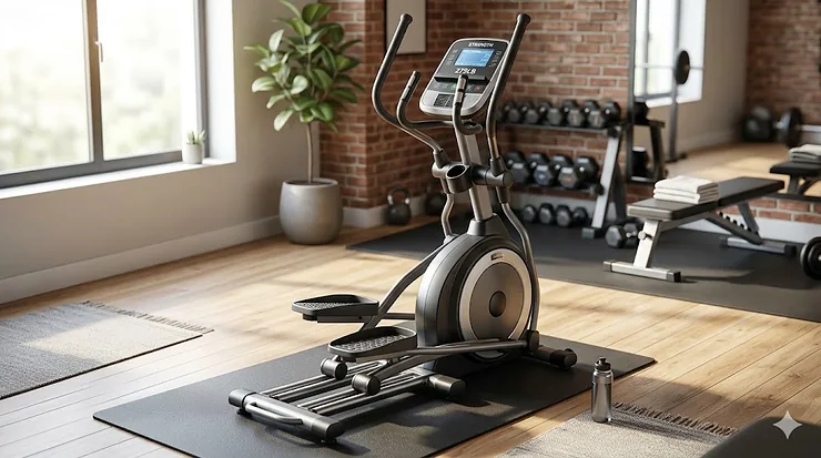 A modern 275 pound elliptical machine set up in a bright home gym.