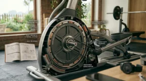 Internal view of the quiet magnetic flywheel system in a 325 pound elliptical trainer.