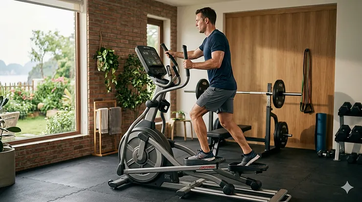 A professional athlete using a 325 pound elliptical trainer for a home cardio workout.