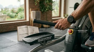 Close-up of the non-slip footpads and handle grips on a 325 pound elliptical trainer.