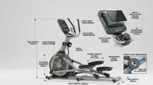 Side view of a 325 pound elliptical trainer highlighting the ergonomic pedal design.