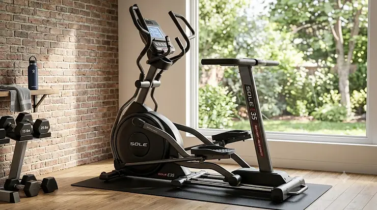 Heavy-duty 400 pound elliptical machine in a modern home gym setup.