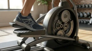 Large, textured foot pedals on a 275 pound capacity elliptical machine.