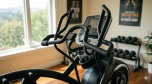 Ergonomic multi-grip handlebars on a professional-grade 350 pound elliptical.