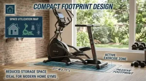 Space-saving design of a high-capacity 400 pound elliptical machine for home use.