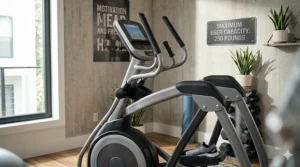 A compact 250-pound capacity elliptical stored in a corner to save space.