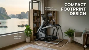 A completely silent elliptical machine fitting perfectly in a small home gym corner.