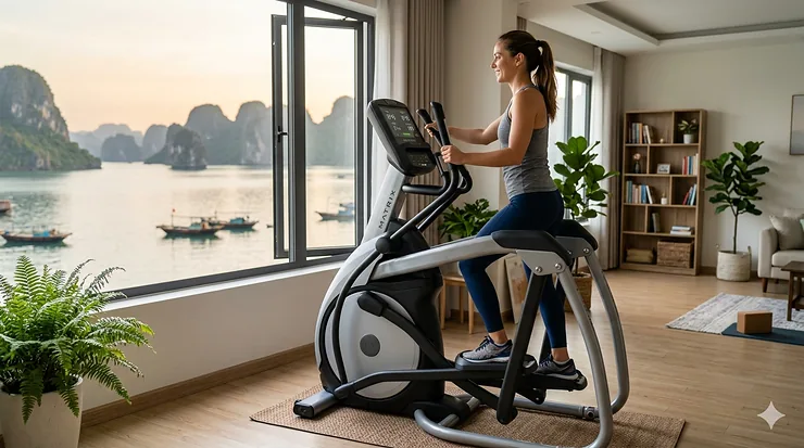 A person using a completely silent elliptical machine in a quiet home living room.