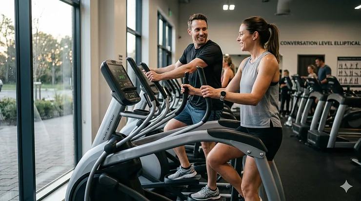 Person maintaining a comfortable pace on an elliptical machine during a conversation-level cardio workout. conversation level elliptical