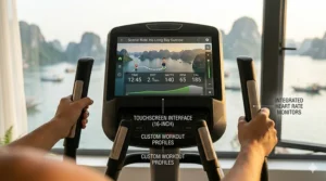 Monitoring a workout on the digital display of a completely silent elliptical machine.
