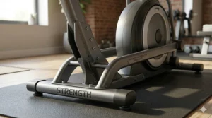 Reinforced steel frame of a 275 pound elliptical machine for stability.