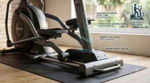 Close-up of a reinforced steel frame on a 400 pound weight capacity elliptical.